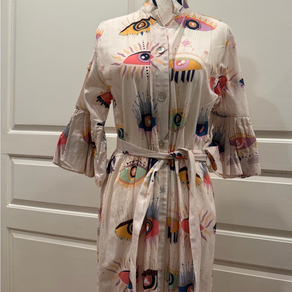 Cream Eye-Print Midi Shirt Dress with Tie Waist